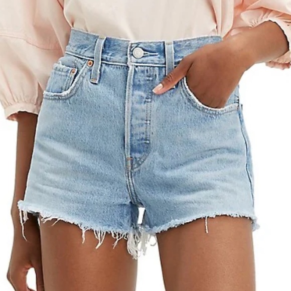 Levi's Pants - Levi’s 501 High-Waisted Shorts Light Blue Wash Raw Hem Button Fly Spring Cotton